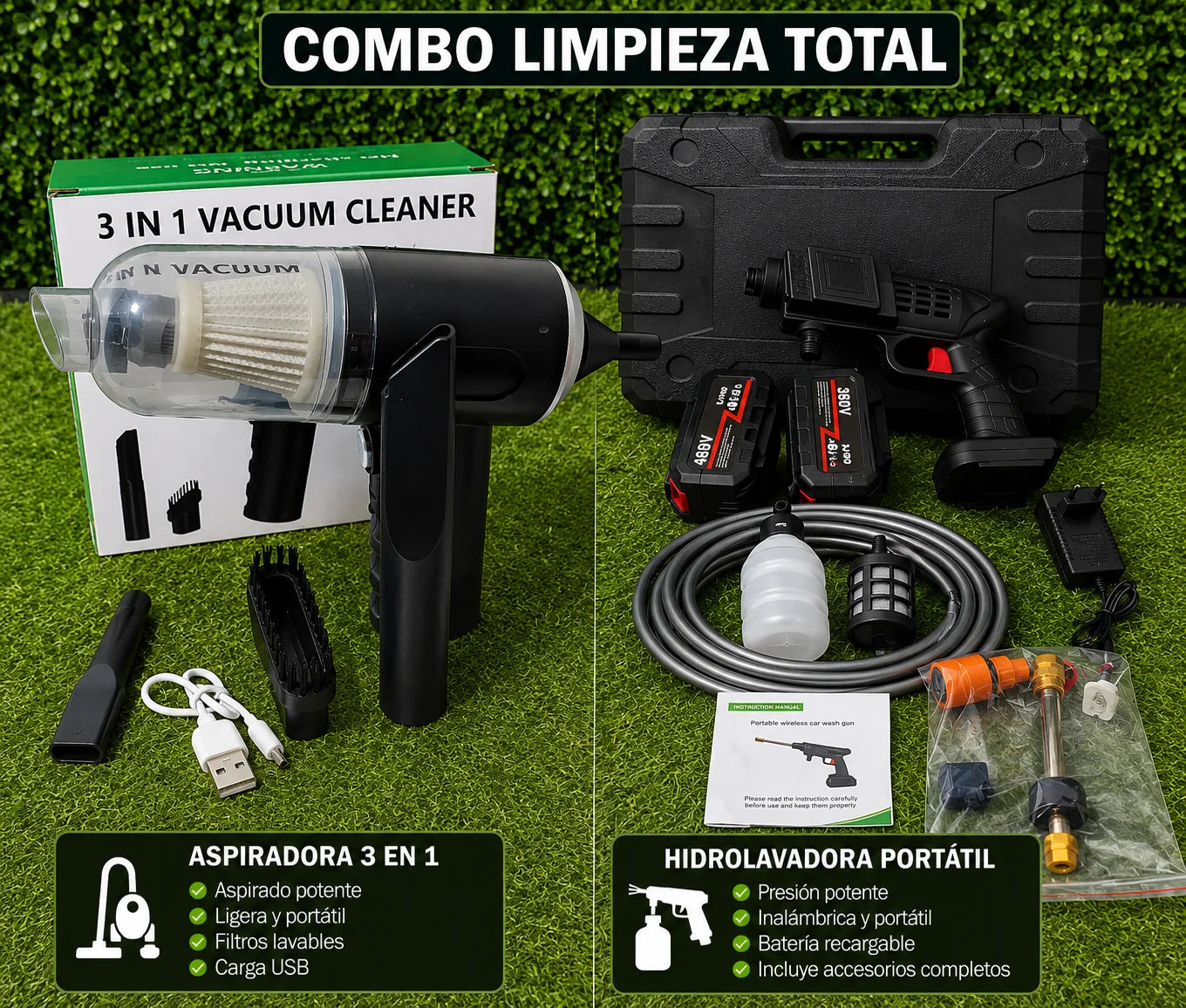 HIDROLAVADORA DOBLE BATERÍA 360V + ASPIRADORA 3 EN 1